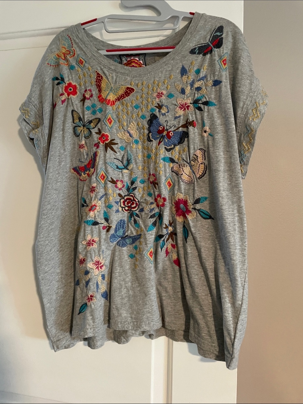 Johnny Was Short Sleeve Tee with Colorful Embroidered Butterflies & Florals
